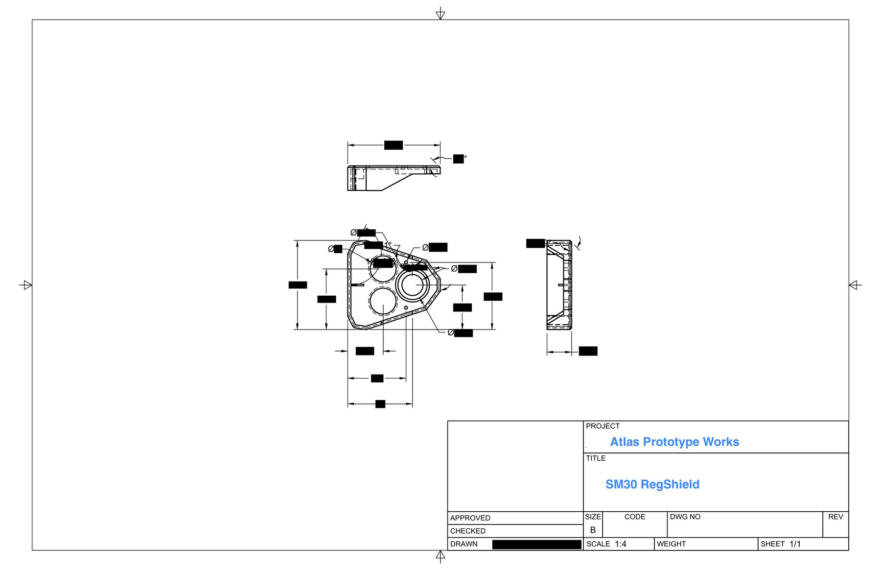 Engineering drawing of RegShield SM30 showing top, front, and side views with title block. Dimensions redacted for proprietary protection.